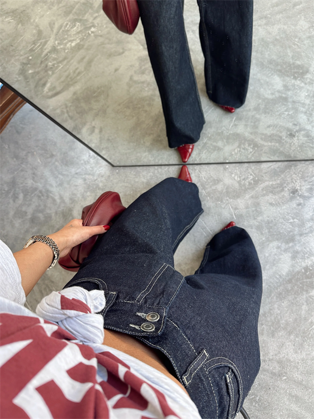 Geniş Kemerli Baggy Jean  - Dark Blue