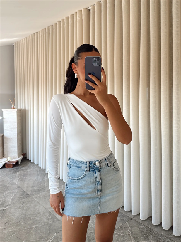 Sabrina Tek Kol Bodysuit Beyaz - Beyaz