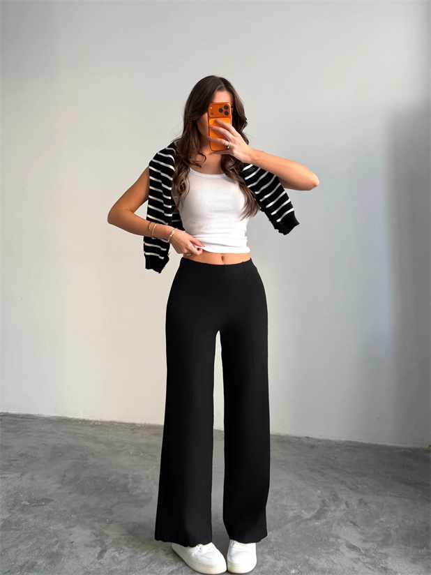 Çimalı Bel Lastik Selanik Pantolon - Siyah