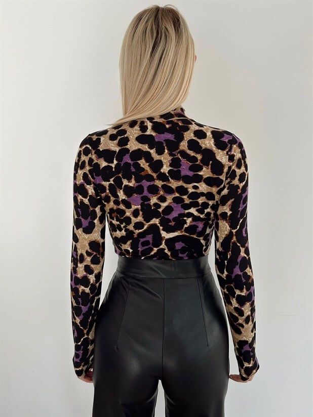 Desenli Balıkçı Bluz - Mor Leopar