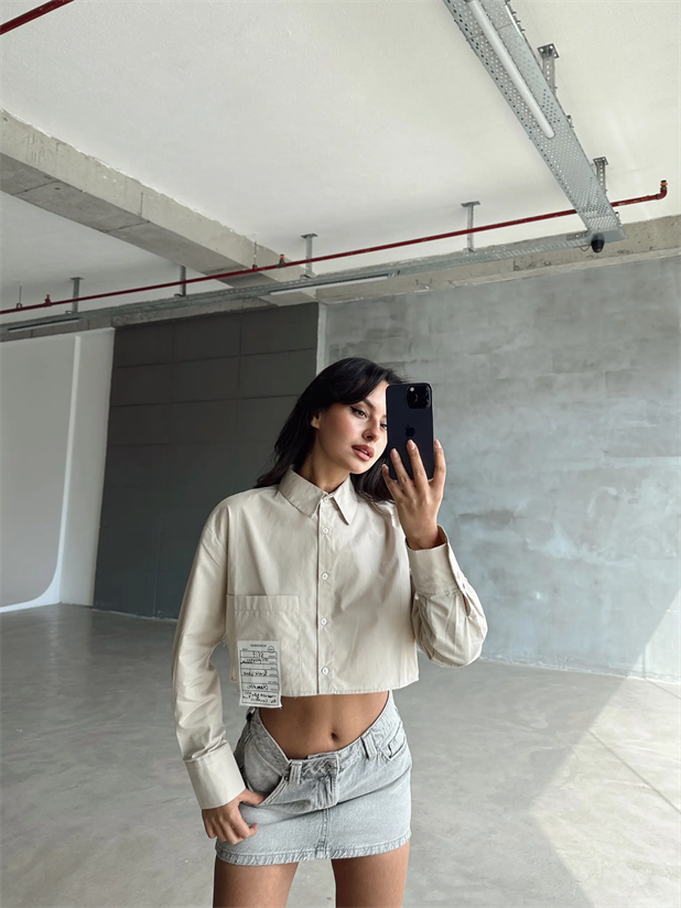 Daisy Cep Üstü Arma Detay Crop Gömlek Taş - Taş