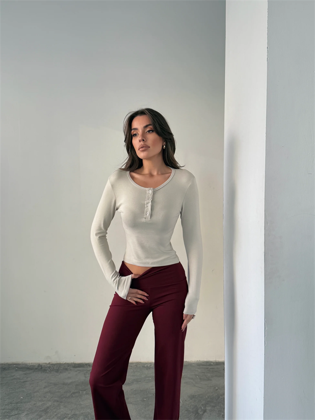 Yarım Düğmeli Bluz - Taş