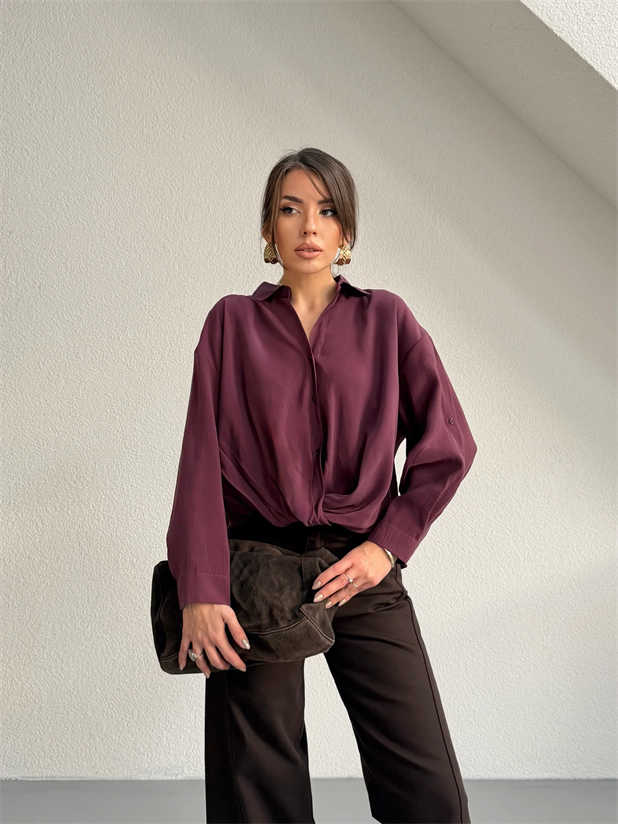 Önü Burgulu Modal Gömlek - Mürdüm