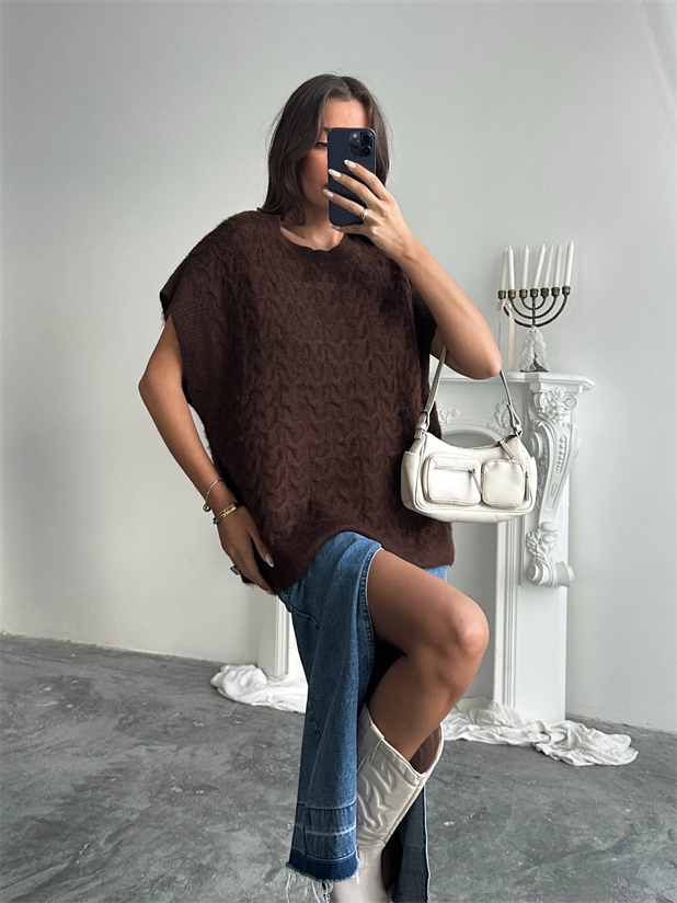 Saç Örgü Oversize Süveter - Kahve