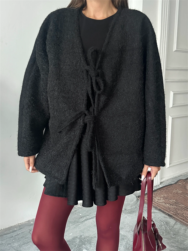 Bağlamalı Kaşe Ceket - Siyah