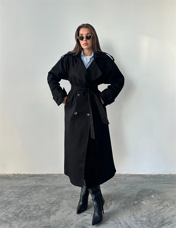 Kemerli Trençkot Siyah - Siyah