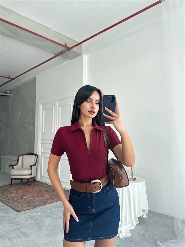 Gizli Fermuar Polo Yaka Bluz - Bordo