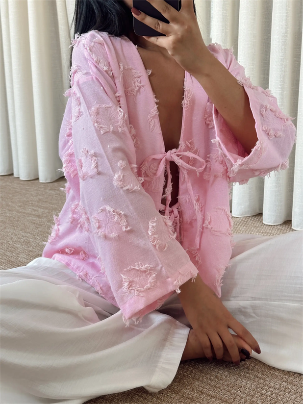 Püskül Detaylı Bağlamalı Kimono - Pembe