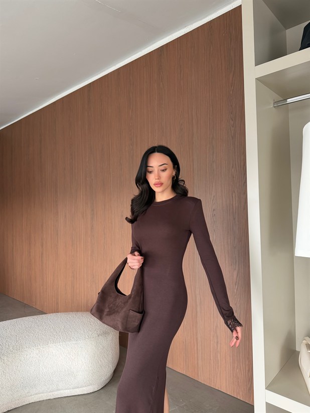 Dantel Detaylı Maxi Elbise - Kahve