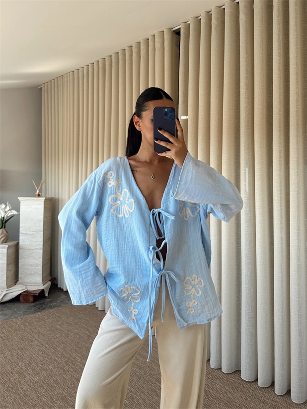 Nakışlı Kimono Takım  - Mavi