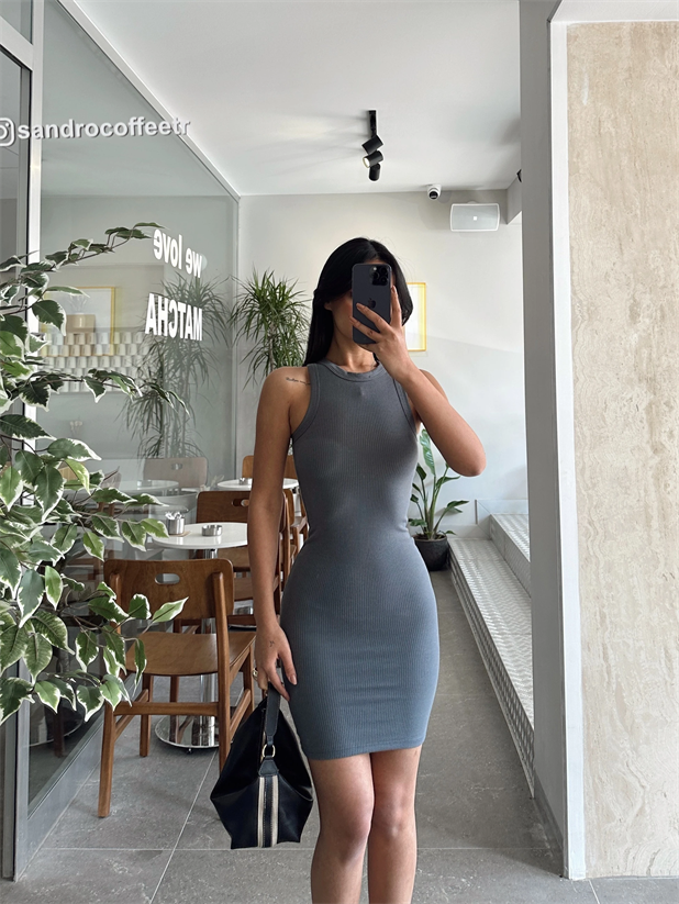 Halter Yaka Fitilli Elbise Füme - Füme