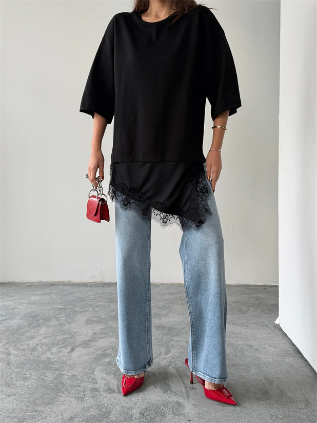 Dantel Detaylı Oversize Basic - Siyah