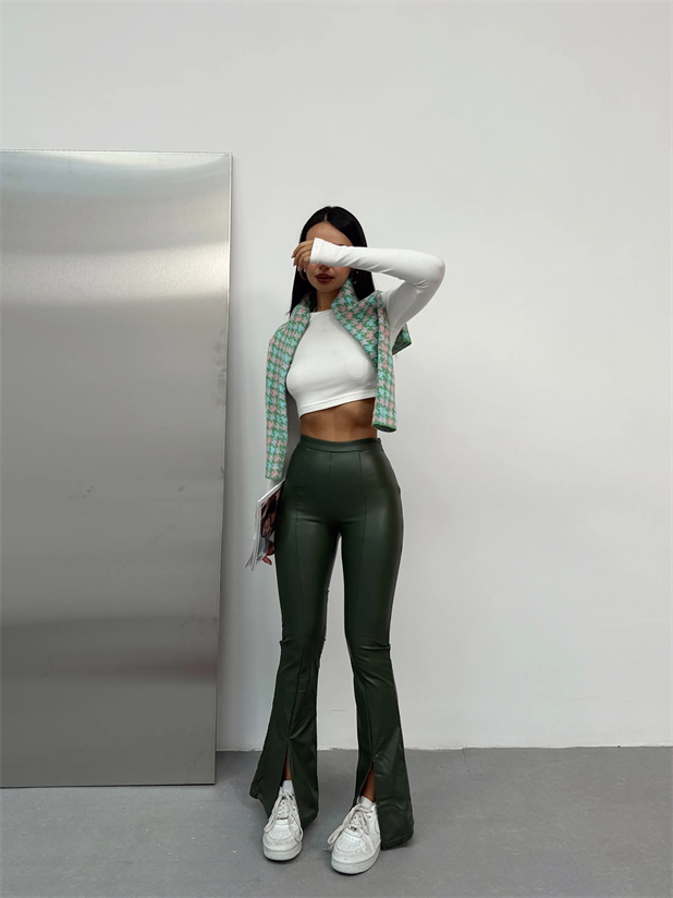 Paça Yırtmaç İç Şardonlu Deri İspanyol Pantolon Haki Yeşil - Haki Yeşil