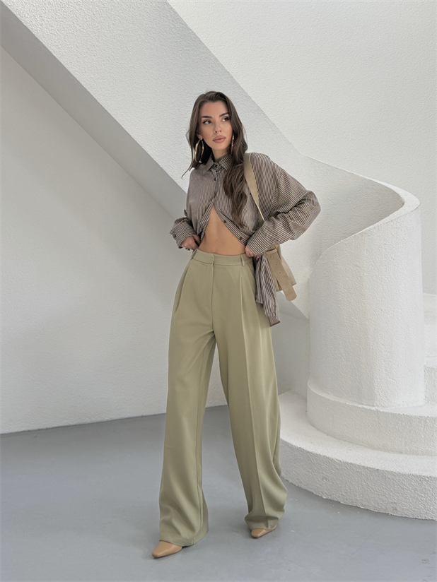 Çift Pileli Palazzo Pantolon - Çağla Yeşili