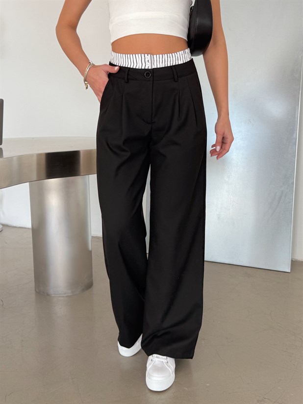 Beli Çizgili Kumaş Pantolon - Siyah