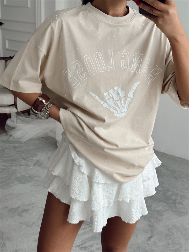Hang Loose Baskılı Tshirt Bej - Bej