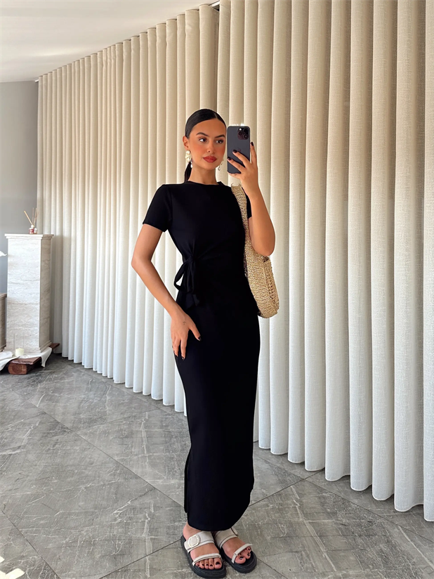 Bağlamalı Modal  Kumaş Elbise - Siyah