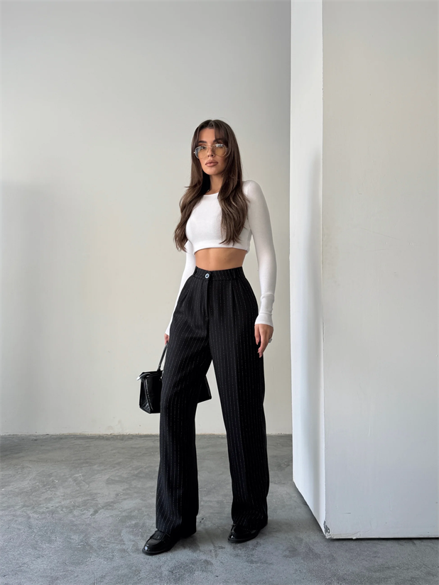 Yünefekt Çizgili Palazzo - Siyah