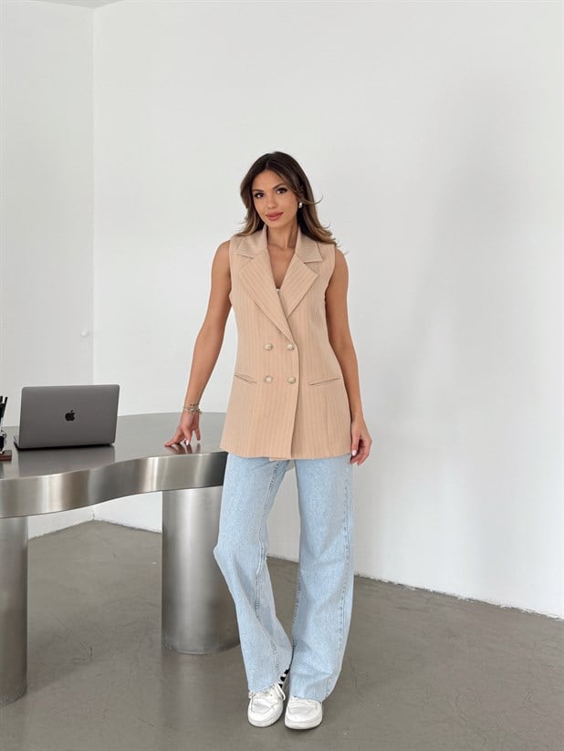 Ceket Yaka Line Yelek - Bej