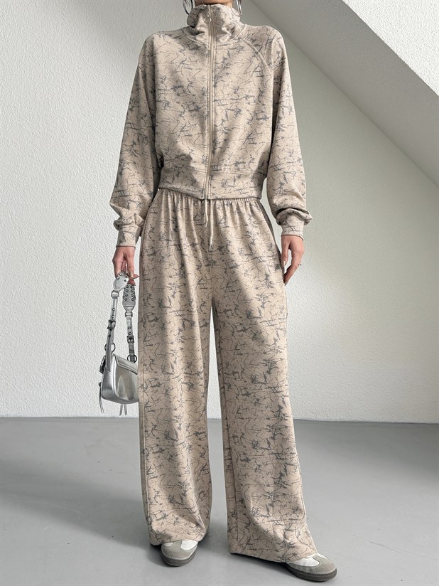 Fermuarlı Palazzo Takım - Vizon