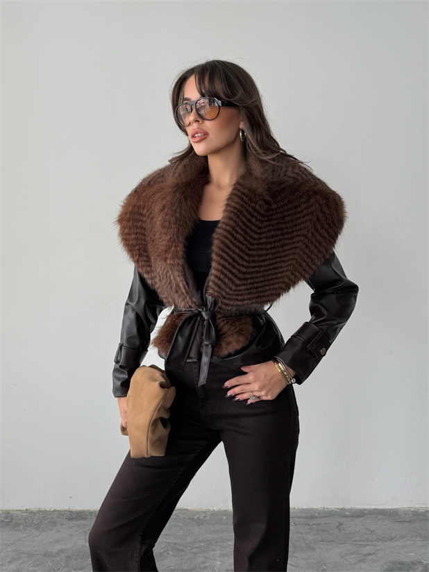 Premium Kürklü Deri Ceket  - Acı kahve