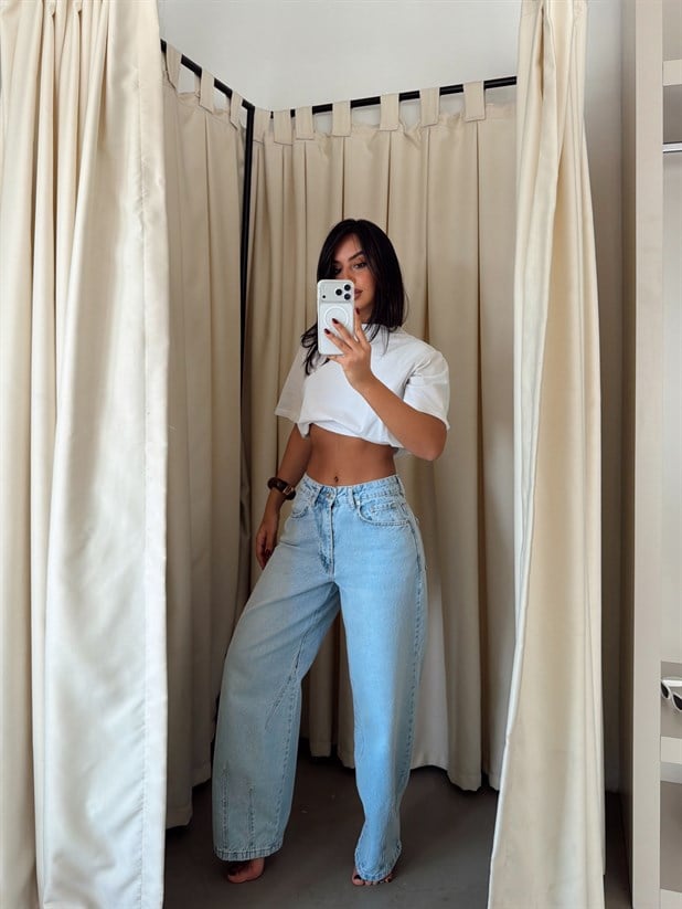 Paça Çift Pensli Boyfriend Jean - Buz Mavi