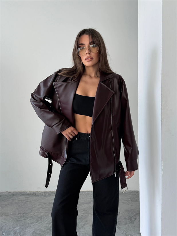 Kemerli Oversize Deri Ceket  - Bordo