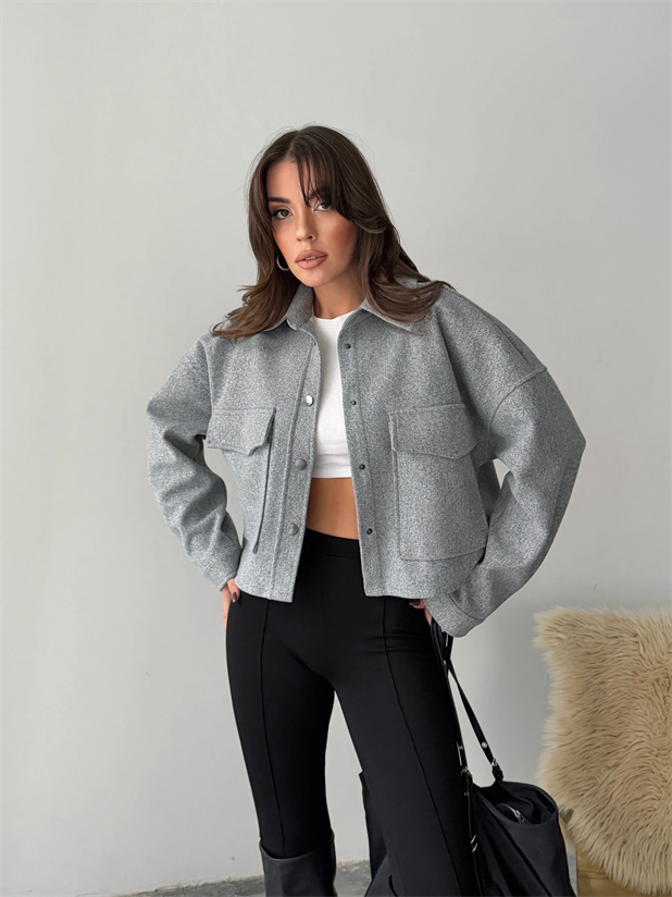 Metal Çıtçıtlı Kaşe Ceket  - Gri