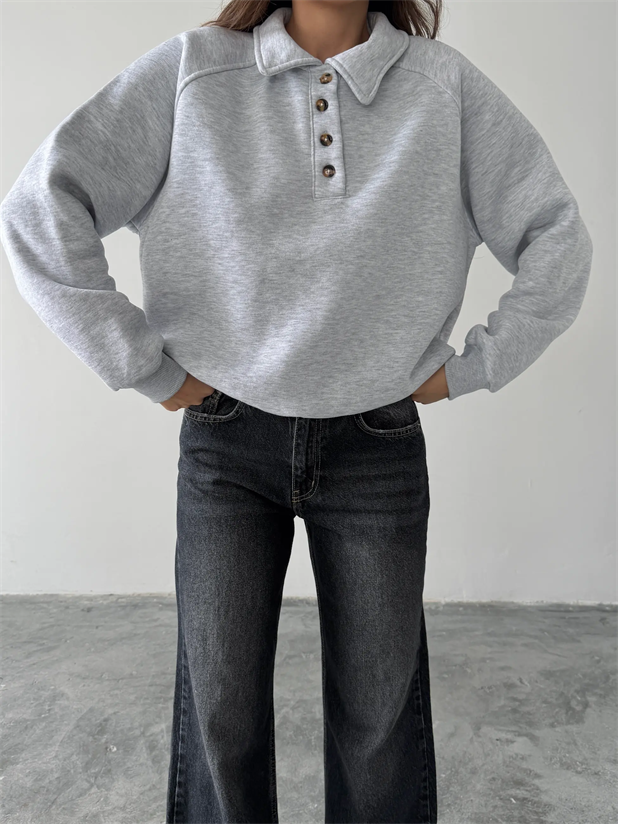 Polo Yaka Düğmeli Sweatshirt - Gri