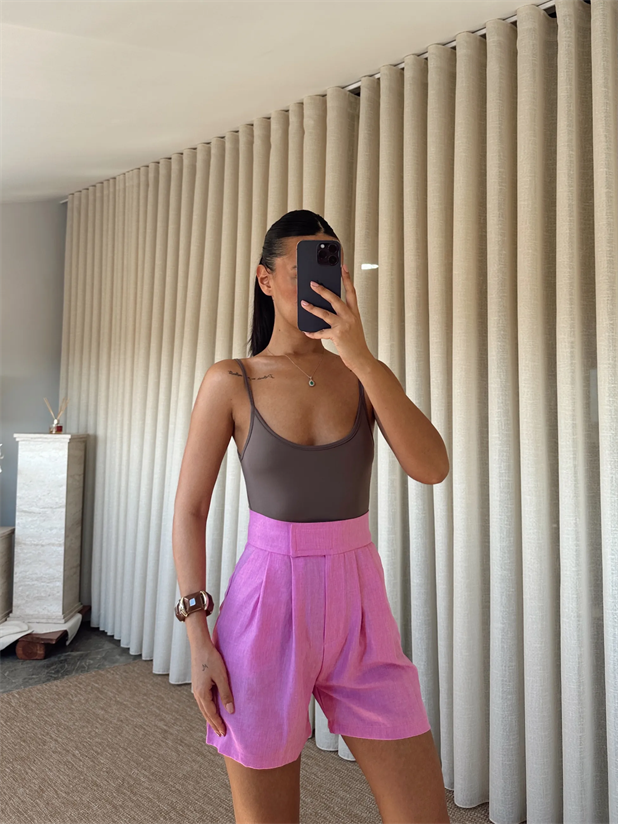 Cırtlı Keten Şort - Pembe