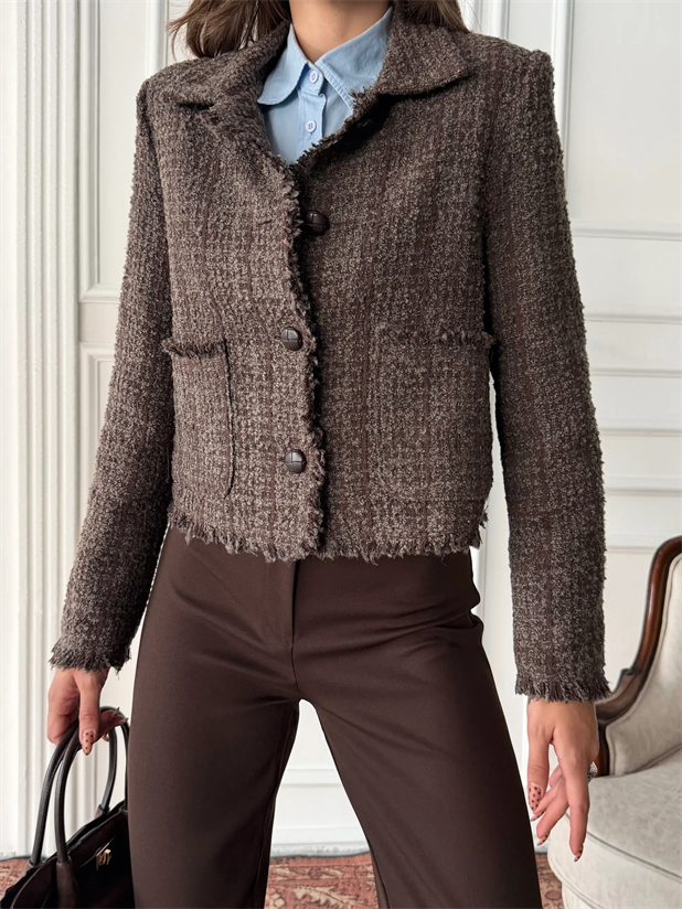 Püskül Detay Tüvit Ceket - Kahve