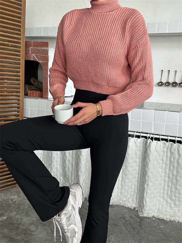 Boğazlı Crop Kazak - Pembe