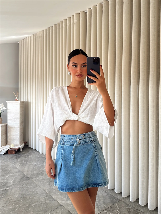 Pileli Denim Etek Mavi - Mavi