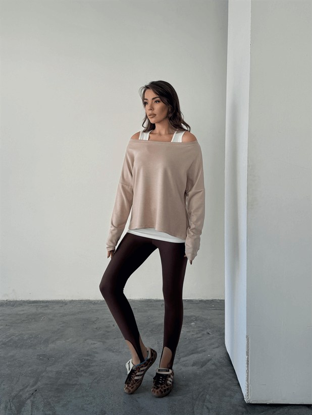 Düşük Omuz Atletli Bluz - Bej