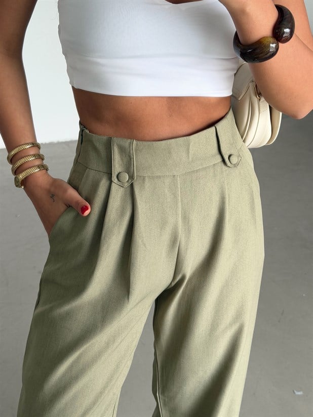 Apoletli Keten Palazzo - Haki