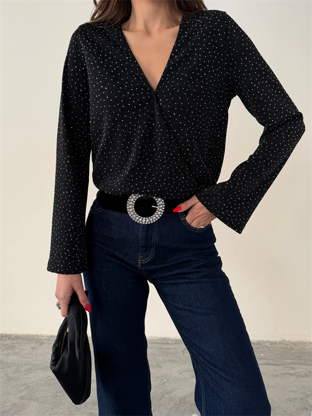 Taşlı Uzun Kol Bodysuit - Siyah