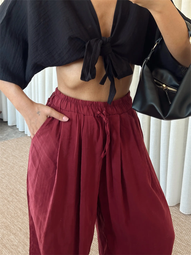 Modal Bağcıklı Palazzo Pantolon - Bordo