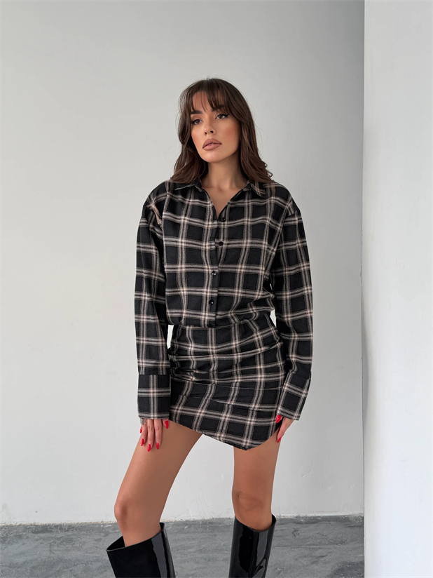 Ekose Gömlek Elbise  - Siyah