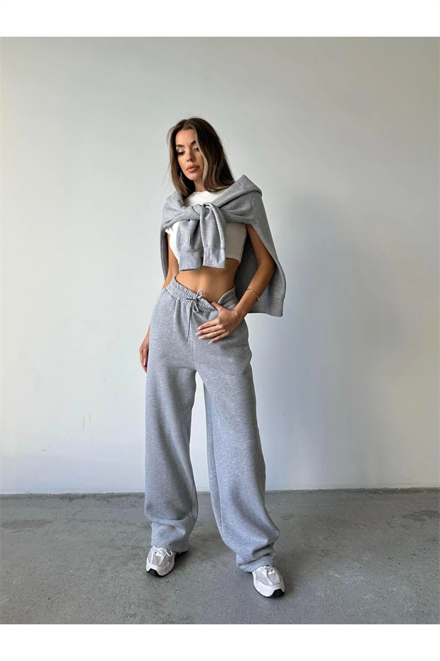 Üç İplik Şardonlu Palazzo Eşofman Gri Melanj - Gri