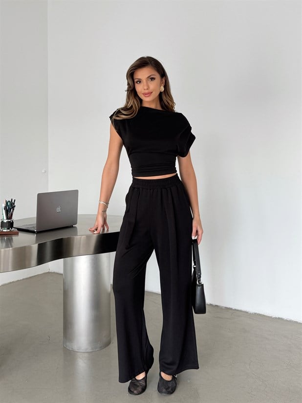 Pileli Palazzo Takım - Siyah