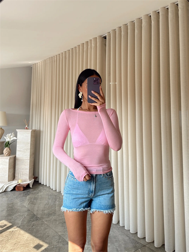 Kayık Yaka Transparan Bluz  - Pudra Pembe