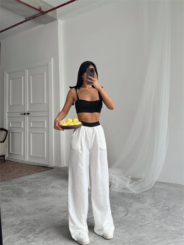 Kemer Detaylı Palazzo Pantolon - Beyaz