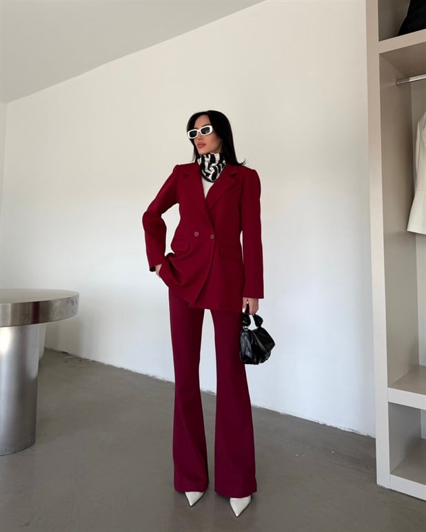 Çift Düğme Oversize Blazer  - Bordo