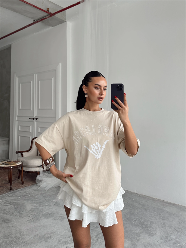 Hang Loose Baskılı Tshirt Bej - Bej