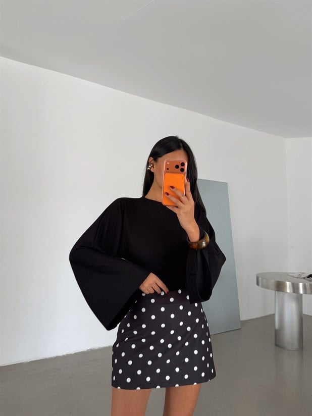 Yarasa Kol Beli Büzgülü Bluz - Siyah