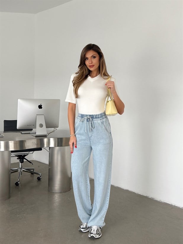 Beli Lastikli Kordonlu Denim Palazzo - Buz Mavi