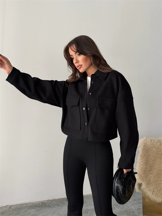 Metal Çıtçıtlı Kaşe Ceket  - Siyah