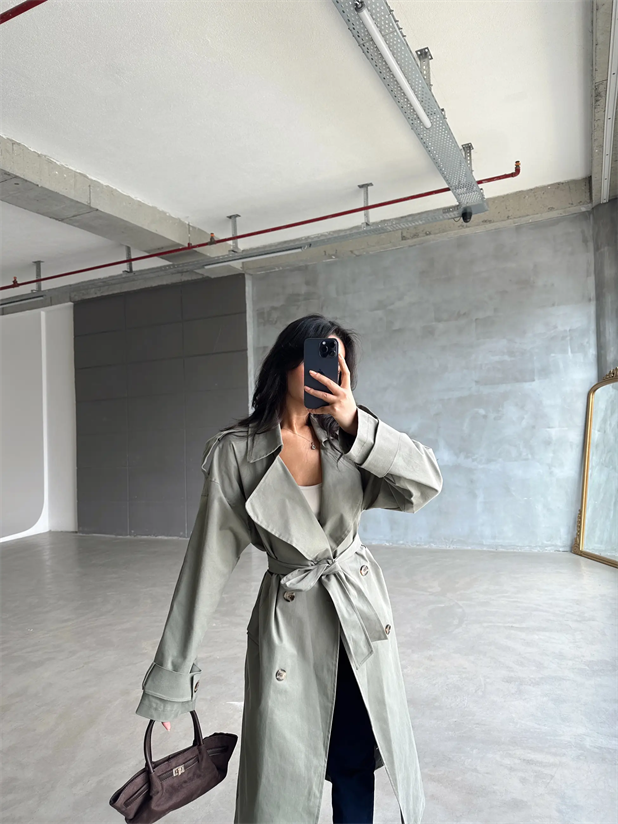 Kemerli Trençkot Haki Yeşil - Haki Yeşil