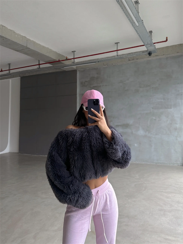 Peluş Crop Kazak Füme - Füme