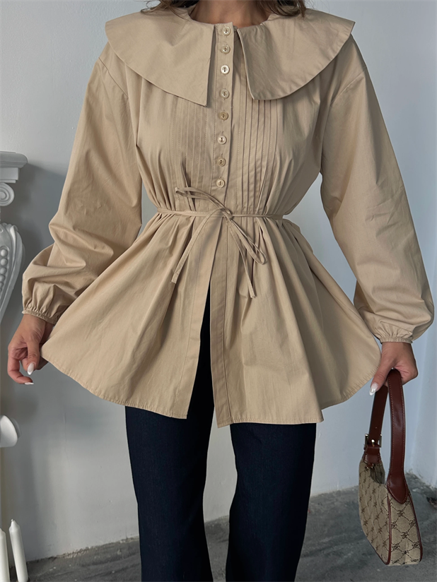 Geniş Yaka Poplin Gömlek - Bej